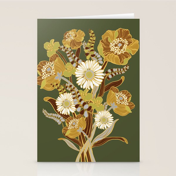 70s, flowers, green, retro, vintage, floral bouquet, olive green Stationery Card Gallery Image 1