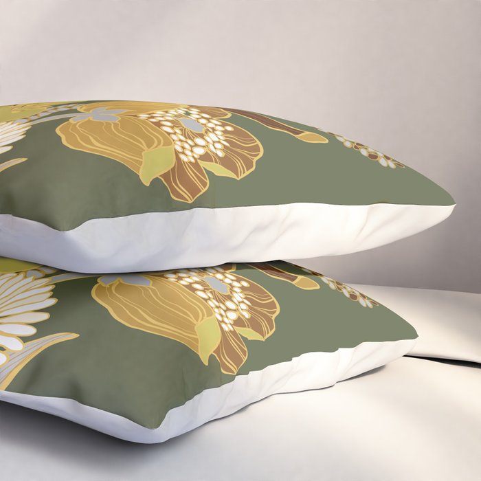 70s, flowers, green, retro, vintage, floral bouquet, olive green Pillow Sham Gallery Image 3