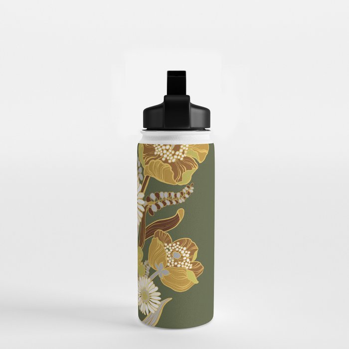 70s, flowers, green, retro, vintage, floral bouquet, olive green Water Bottle Gallery Image 2
