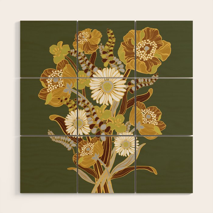 70s, flowers, green, retro, vintage, floral bouquet, olive green Wood Wall Art Gallery Image 1