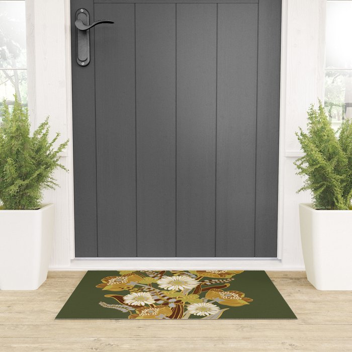 70s, flowers, green, retro, vintage, floral bouquet, olive green Welcome Mat Gallery Image 3