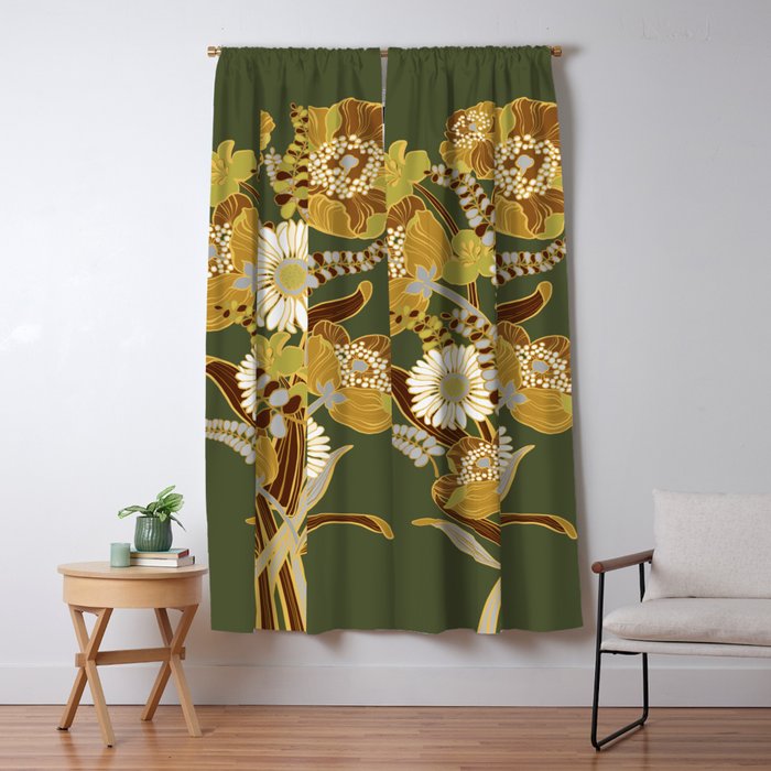 70s, flowers, green, retro, vintage, floral bouquet, olive green Window Curtain Gallery Image 5