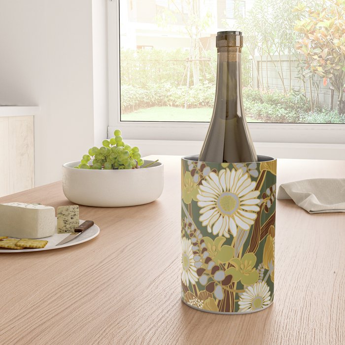 70s, flowers, green, retro, vintage, floral bouquet, olive green Wine Chiller Gallery Image 4