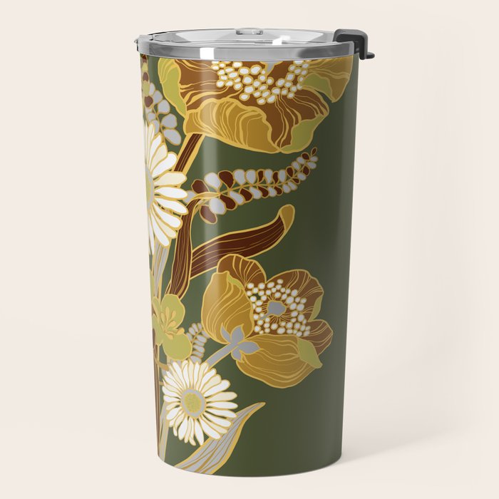 70s, flowers, green, retro, vintage, floral bouquet, olive green Travel Mug Gallery Image 2