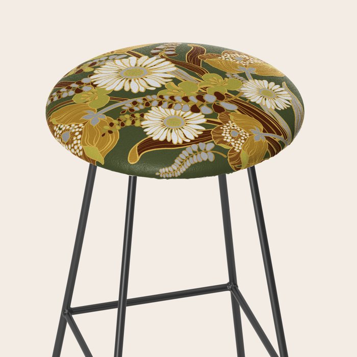 70s, flowers, green, retro, vintage, floral bouquet, olive green Stool Gallery Image 2