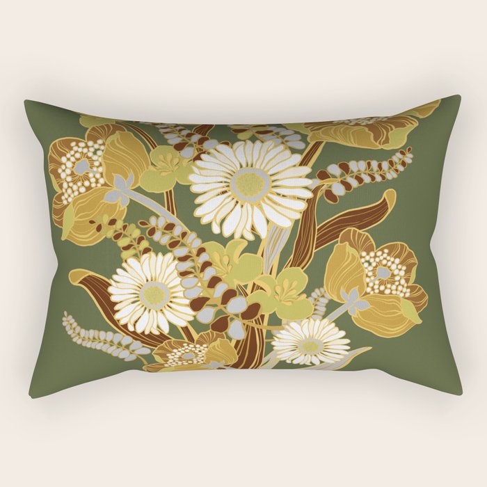 70s, flowers, green, retro, vintage, floral bouquet, olive green Rectangular Pillow Gallery Image 2