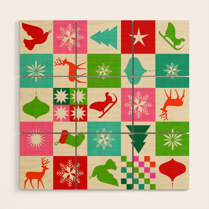 Retro Ditsy Holiday Icons Check pattern - candy Wood Wall Art Gallery Image 1