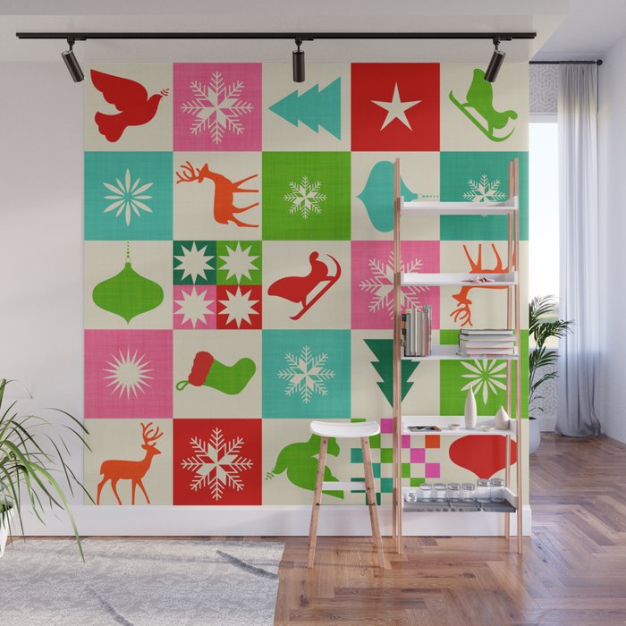 Retro Ditsy Holiday Icons Check pattern - candy Wall Mural Gallery Image 1