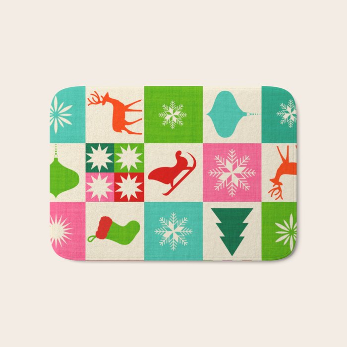Retro Ditsy Holiday Icons Check pattern - candy Bath Mat Gallery Image 1
