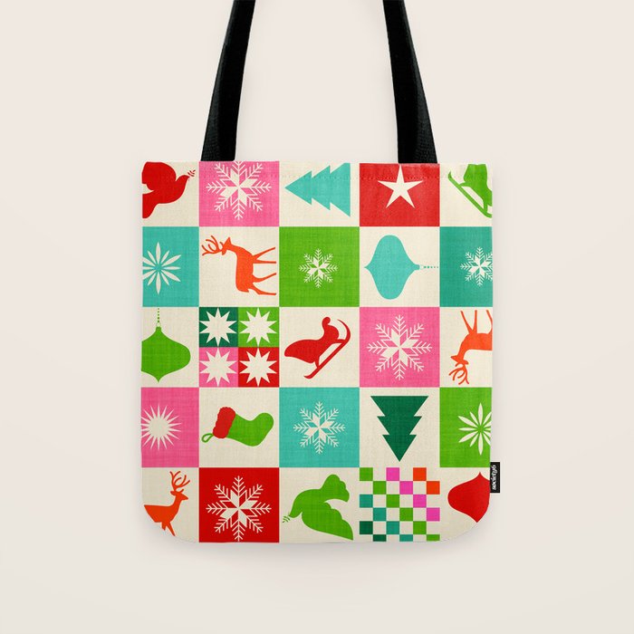 Retro Ditsy Holiday Icons Check pattern - candy Tote Bag Gallery Image 1