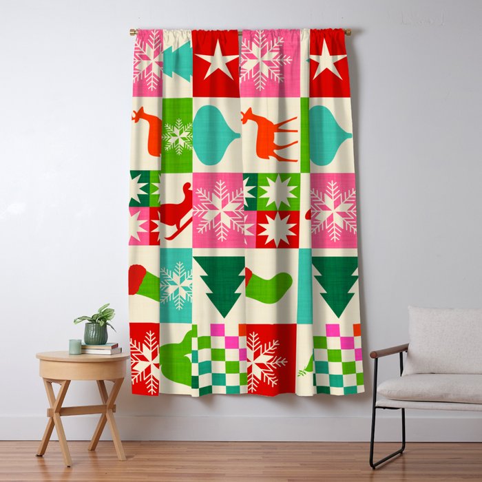 Retro Ditsy Holiday Icons Check pattern - candy Window Curtain Gallery Image 1