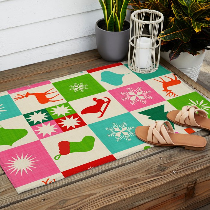 Retro Ditsy Holiday Icons Check pattern - candy Outdoor Rug Gallery Image 2