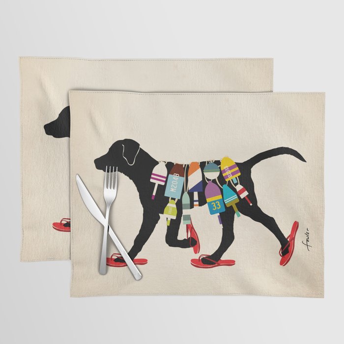 Black dog lab labrador buoy nautical beach ocean sandals flip flop art Placemat Gallery Image 1