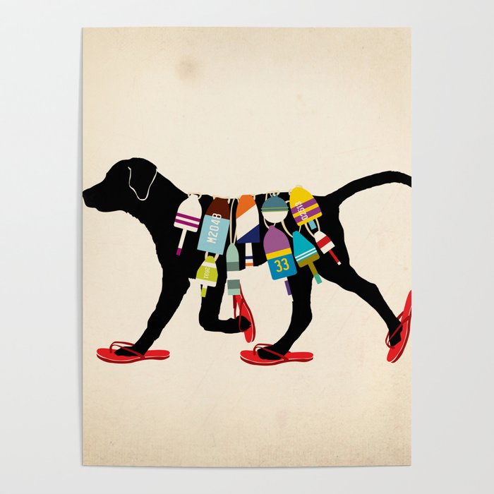 Black dog lab labrador buoy nautical beach ocean sandals flip flop art Poster Gallery Image 4