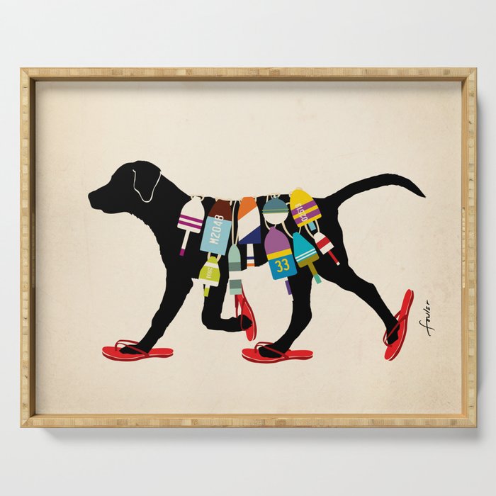 Black dog lab labrador buoy nautical beach ocean sandals flip flop art Serving Tray Gallery Image 1