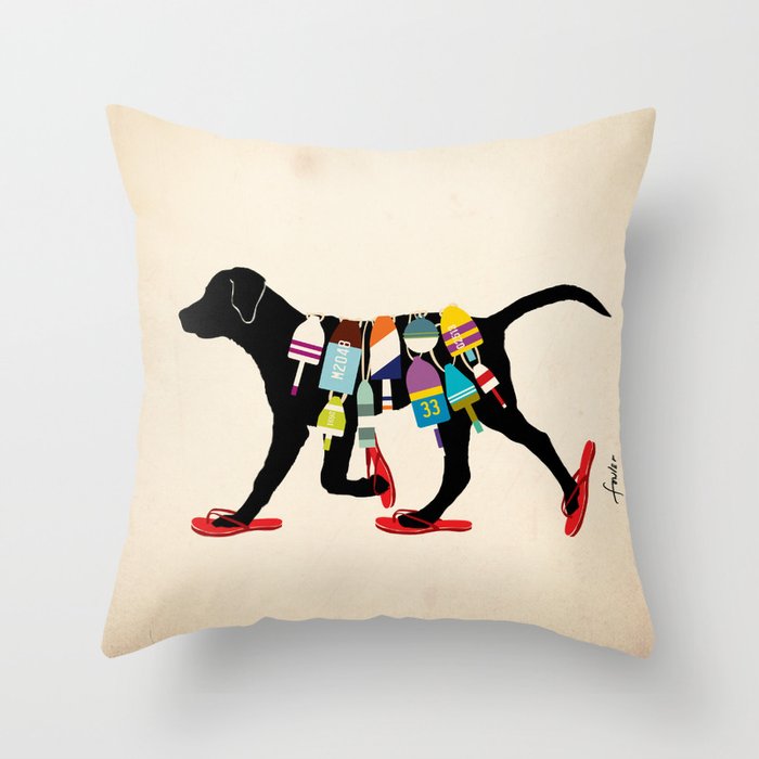 Black dog lab labrador buoy nautical beach ocean sandals flip flop art Throw Pillow Gallery Image 1