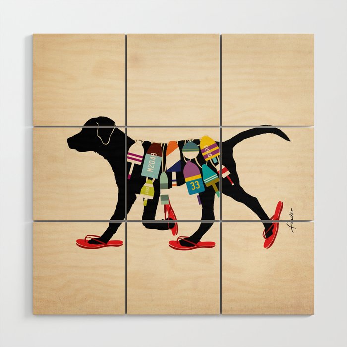 Black dog lab labrador buoy nautical beach ocean sandals flip flop art Wood Wall Art Gallery Image 1