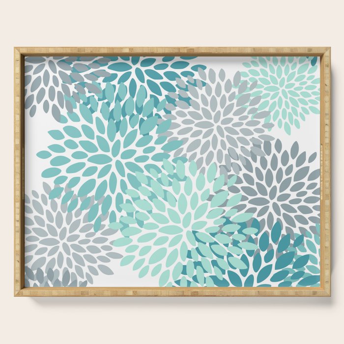 Floral Pattern, Aqua, Teal, Turquoise and Gray Serving Tray Gallery Image 1
