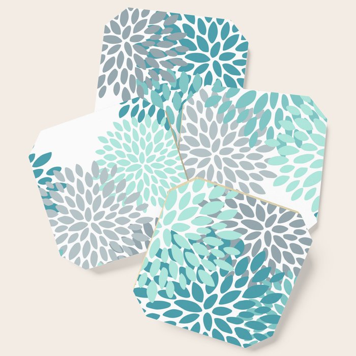 Floral Pattern, Aqua, Teal, Turquoise and Gray Coaster Gallery Image 1