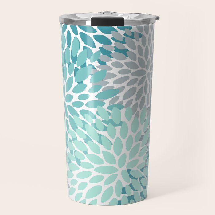 Floral Pattern, Aqua, Teal, Turquoise and Gray Travel Mug Gallery Image 1