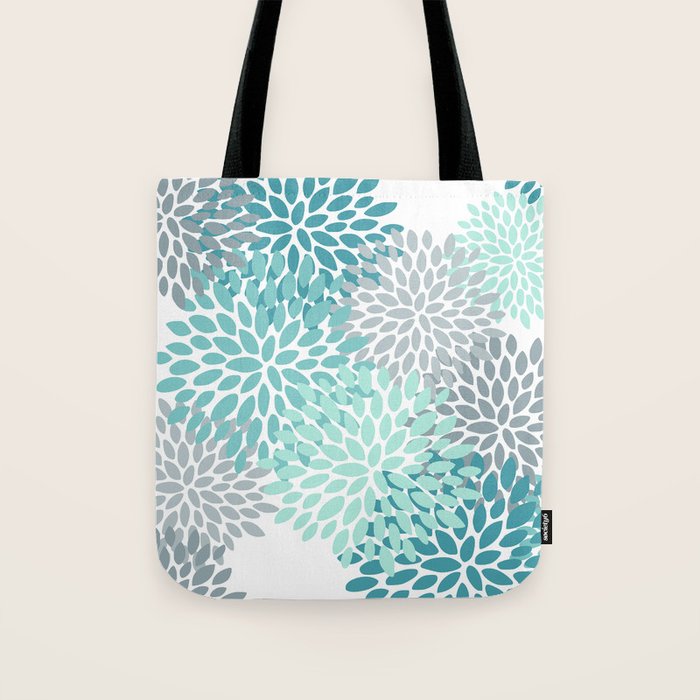 Floral Pattern, Aqua, Teal, Turquoise and Gray Tote Bag Gallery Image 1