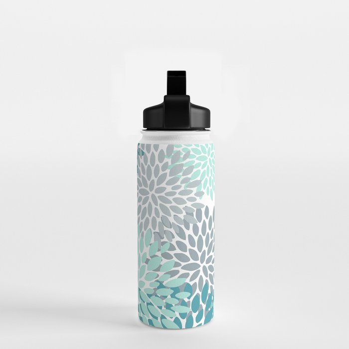 Floral Pattern, Aqua, Teal, Turquoise and Gray Water Bottle Gallery Image 2