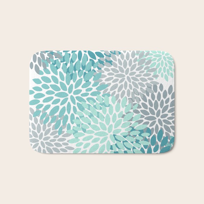 Floral Pattern, Aqua, Teal, Turquoise and Gray Bath Mat Gallery Image 1