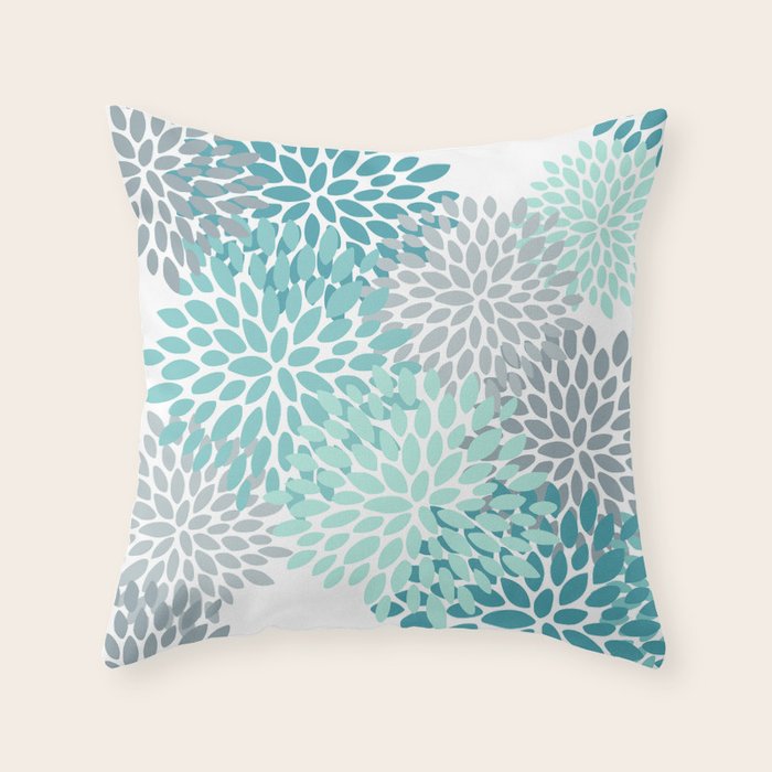 Floral Pattern, Aqua, Teal, Turquoise and Gray Throw Pillow Gallery Image 1