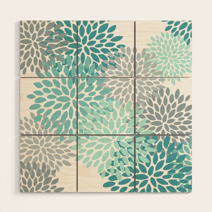 Floral Pattern, Aqua, Teal, Turquoise and Gray Wood Wall Art Gallery Image 1