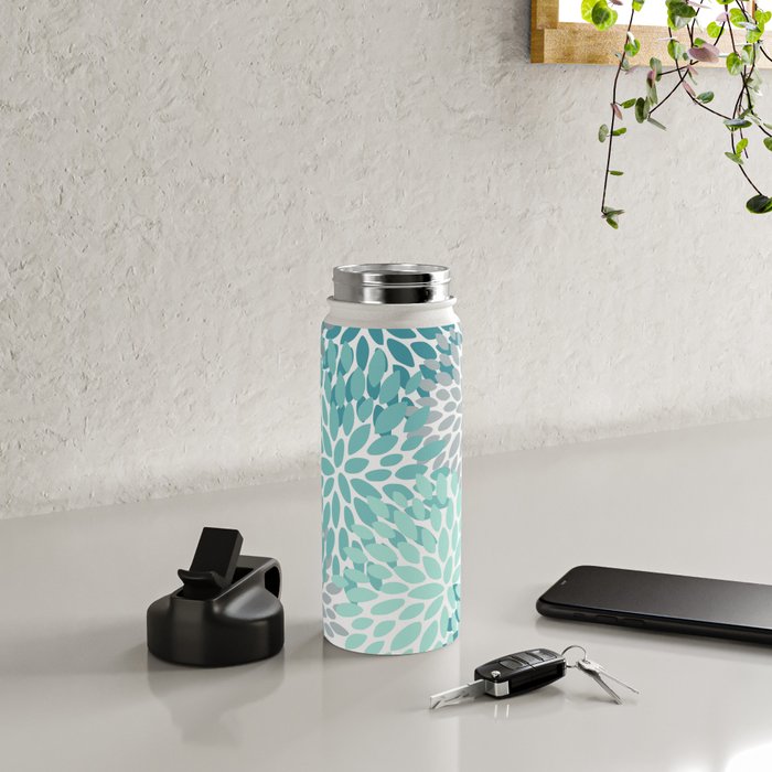 Floral Pattern, Aqua, Teal, Turquoise and Gray Water Bottle Gallery Image 4