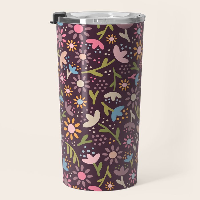 Ditsy Daisy Floral on Burgundy Travel Mug Gallery Image 3