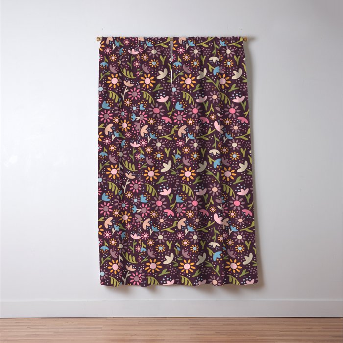 Ditsy Daisy Floral on Burgundy Window Curtain Gallery Image 3