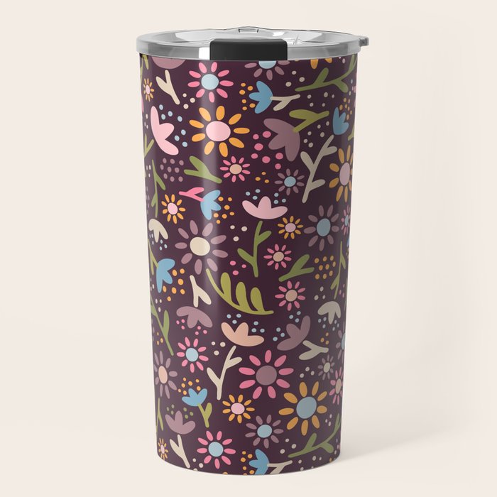 Ditsy Daisy Floral on Burgundy Travel Mug Gallery Image 1