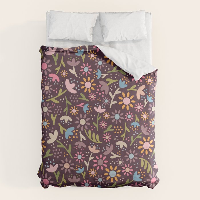 Ditsy Daisy Floral on Burgundy Duvet Cover Gallery Image 1
