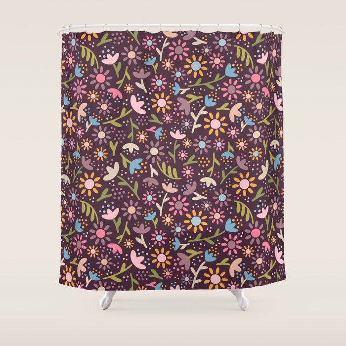 Ditsy Daisy Floral on Burgundy Shower Curtain Gallery Image 1