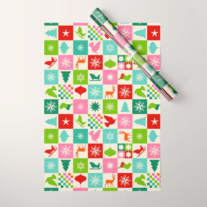 Retro Ditsy Holiday Icons Check pattern - candy Wrapping Paper Gallery Image 1