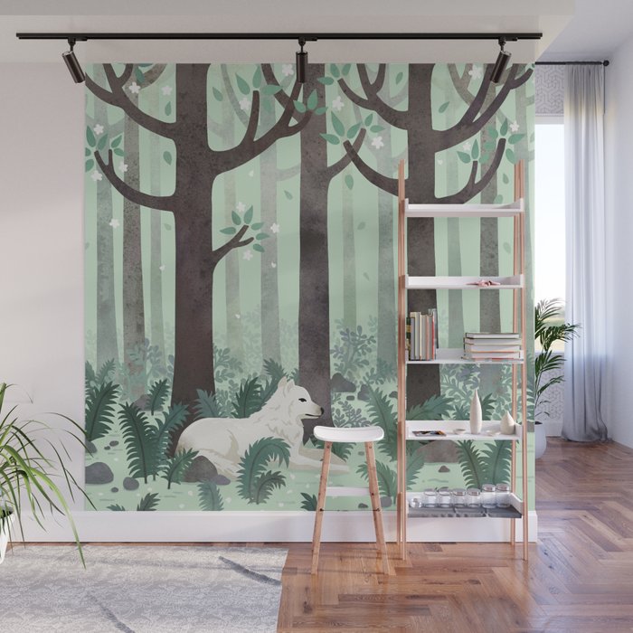 White Wolf in the Flowering Forest Wall Mural Gallery Image 1