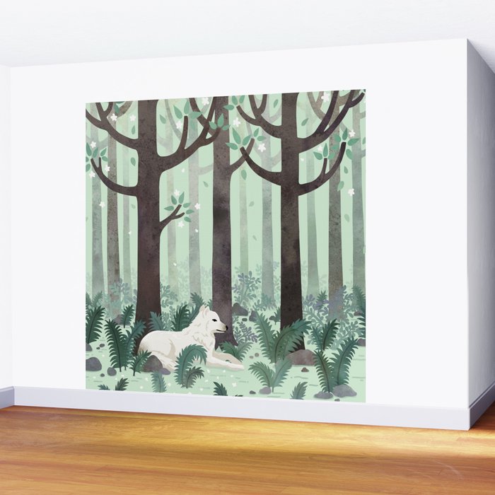 White Wolf in the Flowering Forest Wall Mural Gallery Image 2