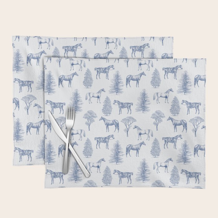 HORSES and TREES Blue Monochrome Toile Pattern  Placemat Gallery Image 1