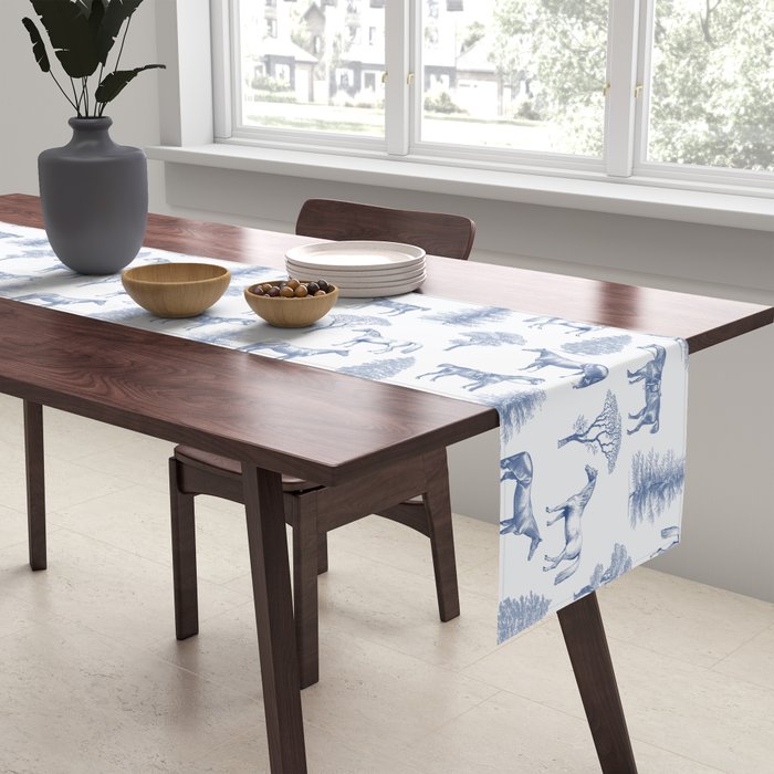 HORSES and TREES Blue Monochrome Toile Pattern  Table Runner Gallery Image 2