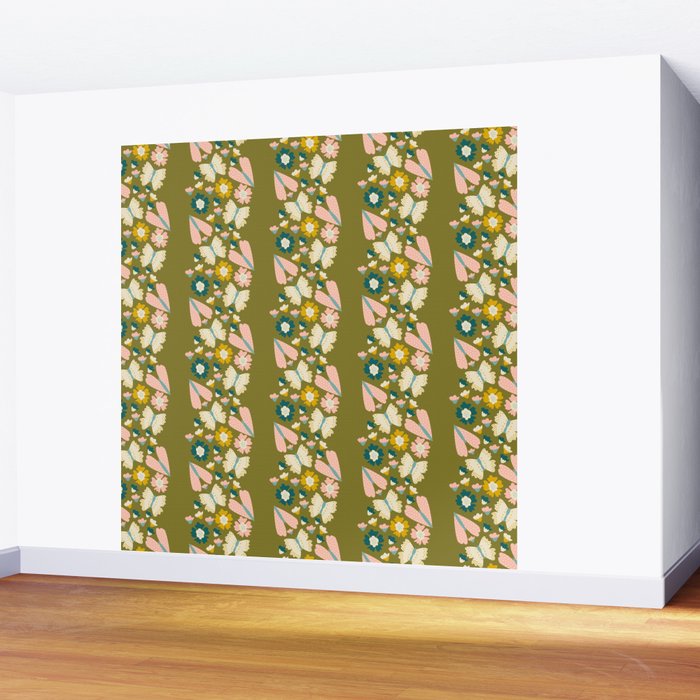Floral Stripe - Olive  Wall Mural Gallery Image 2