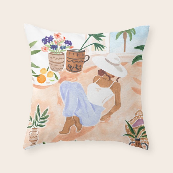 Woman Sitting by the Window Art Print - Sabina Fenn Illustration - Feminine Gouache Tropical Portrai Throw Pillow Gallery Image 6