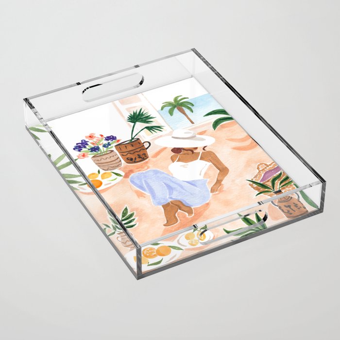 Woman Sitting by the Window Art Print - Sabina Fenn Illustration - Feminine Gouache Tropical Portrai Acrylic Tray Gallery Image 1
