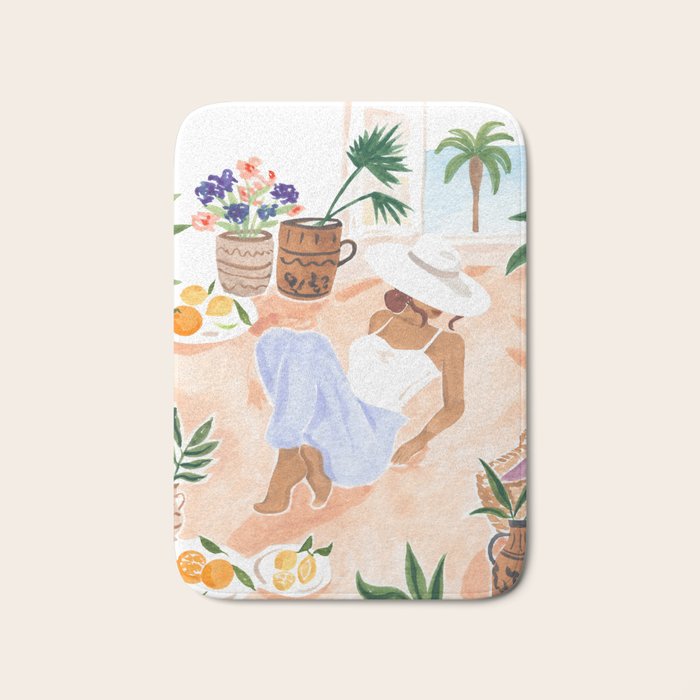 Woman Sitting by the Window Art Print - Sabina Fenn Illustration - Feminine Gouache Tropical Portrai Bath Mat Gallery Image 1