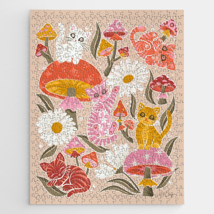 Kittens & Shrooms - Pink & Coral on Cream Jigsaw Puzzle Gallery Image 1