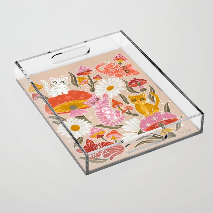 Kittens & Shrooms - Pink & Coral on Cream Acrylic Tray Gallery Image 1