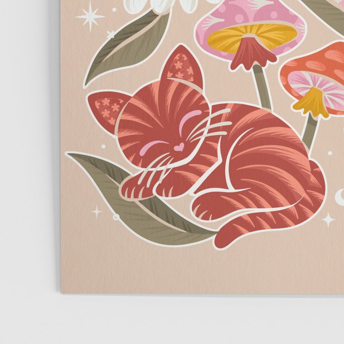 Kittens & Shrooms - Pink & Coral on Cream Poster Gallery Image 3