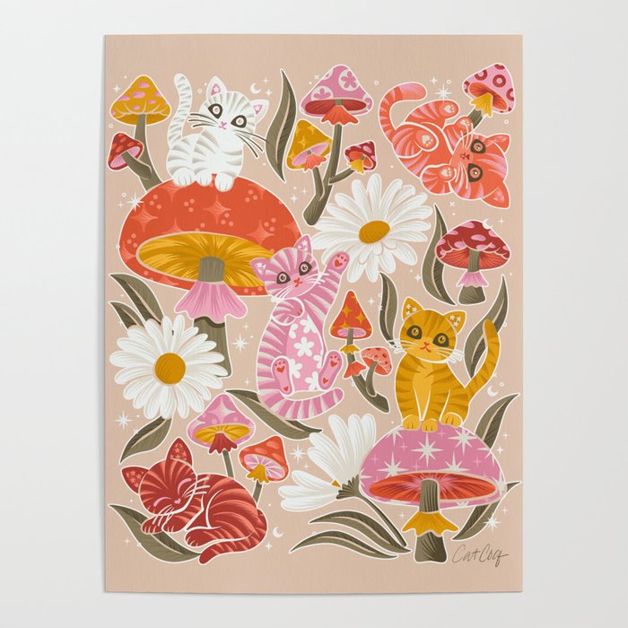 Kittens & Shrooms - Pink & Coral on Cream Poster Gallery Image 1