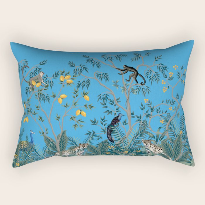 Chinoiserie Exotic Jungle Monkey Peacock Cobalt Blue Fresco Art Rectangular Pillow Gallery Image 2