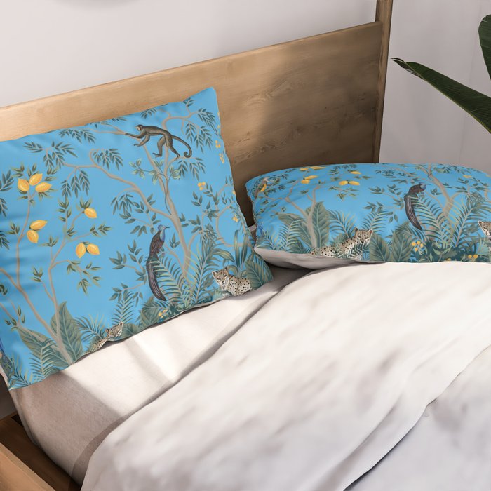 Chinoiserie Exotic Jungle Monkey Peacock Cobalt Blue Fresco Art Pillow Sham Gallery Image 2